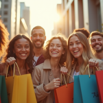 Groupe diversifié de personnes heureuses avec sacs de marques
