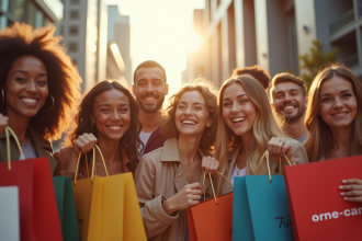 Groupe diversifié de personnes heureuses avec sacs de marques