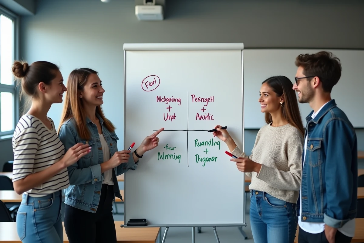 Groupe d'étudiants en BTS présentant un schéma des 4 P du marketing sur un tableau blanc en classe