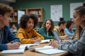 Groupe d'étudiants en discussion dans une salle universitaire