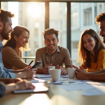 Groupe de jeunes adultes collaborant en réunion marketing