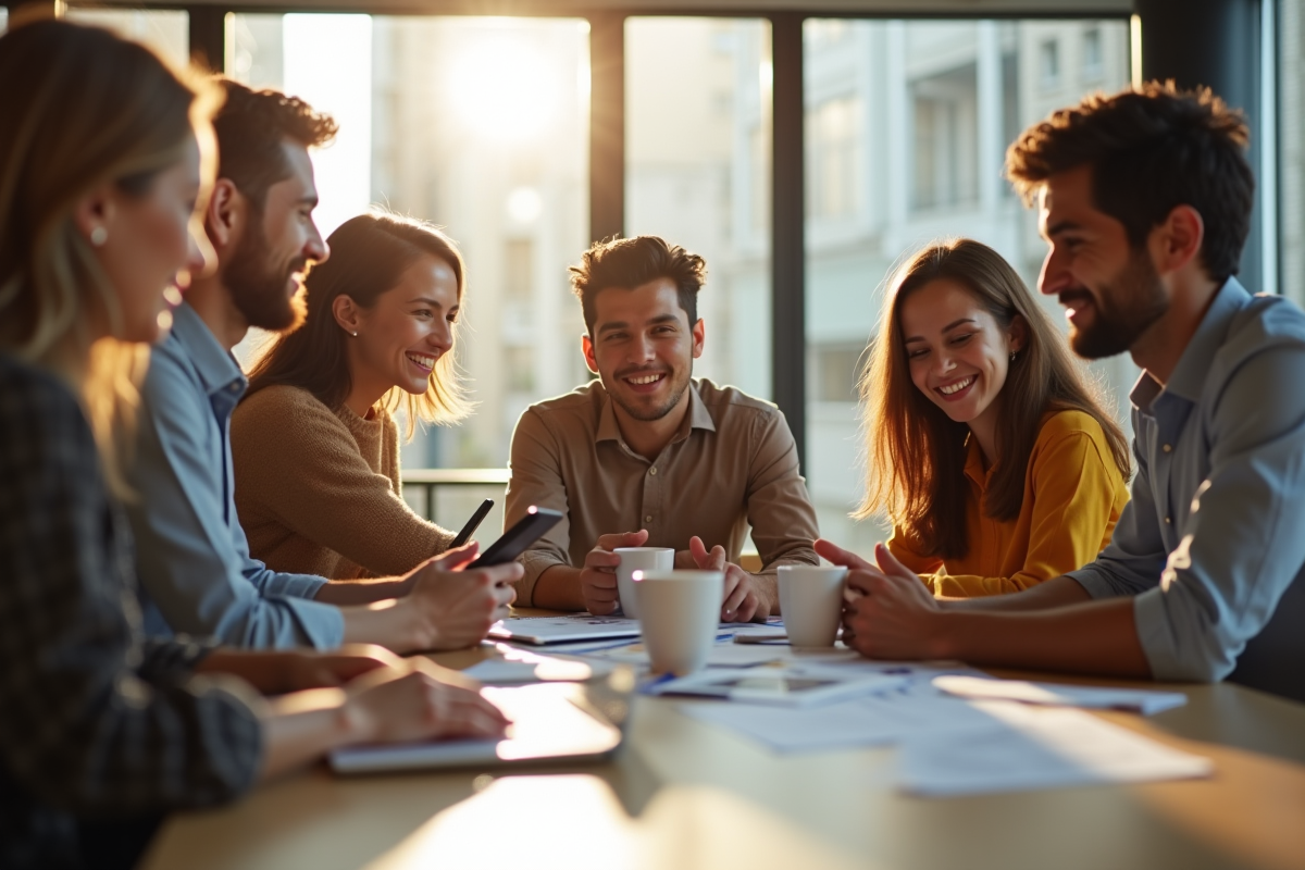 Groupe de jeunes adultes collaborant en réunion marketing