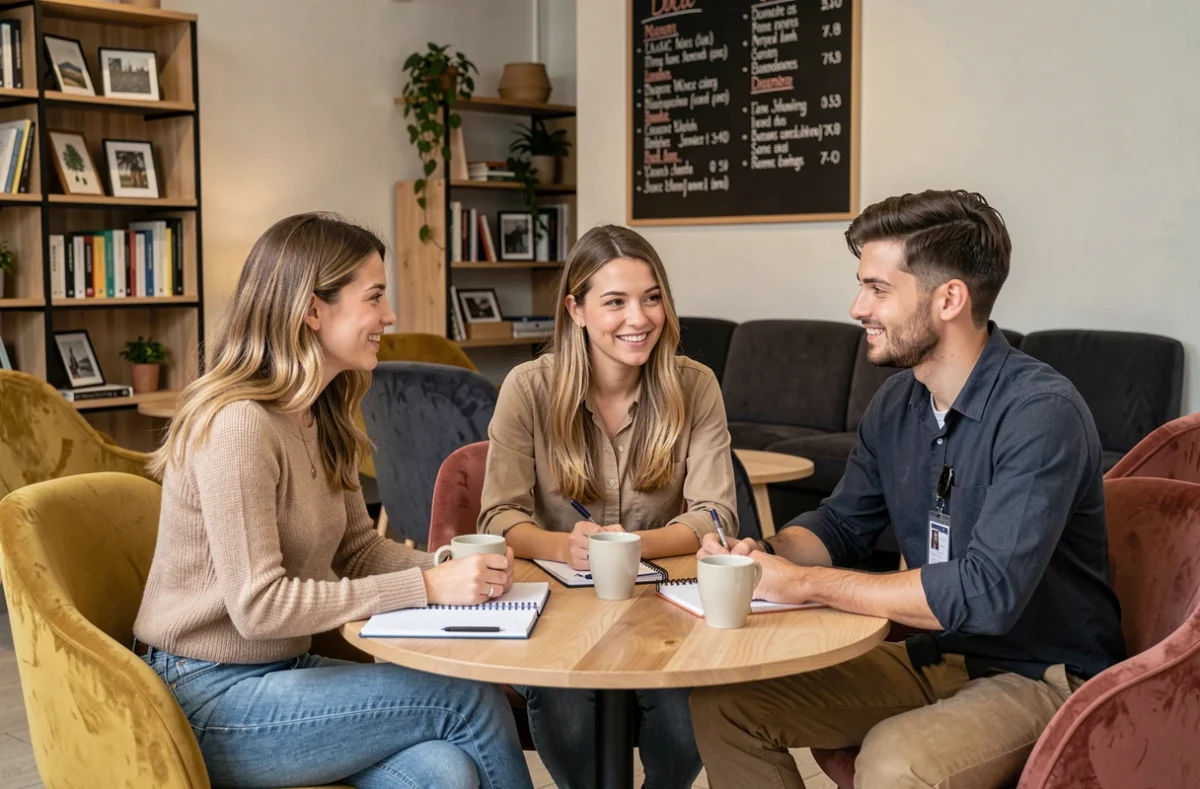 Groupe de jeunes professionnels en discussion collaborative dans la zone lounge d'un espace de coworking à Compiègne