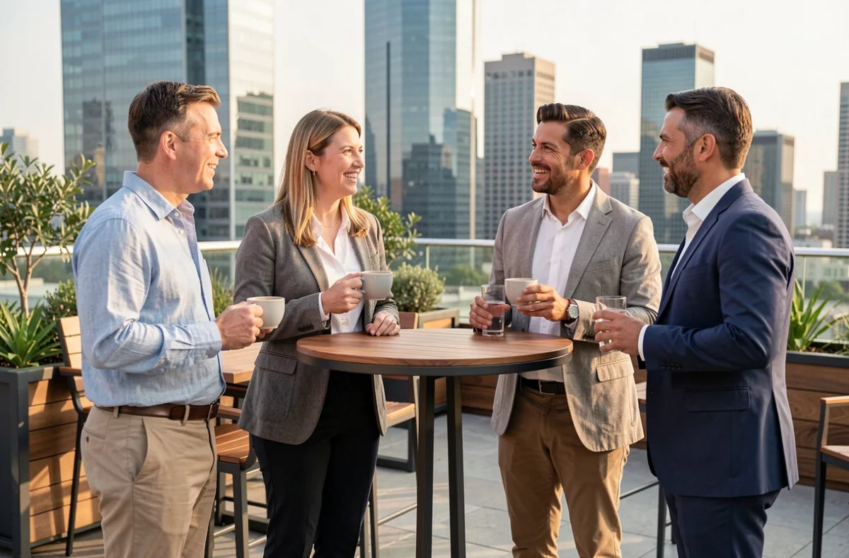 Groupe de professionnels en discussion lors d'un événement de networking B2B en rooftop urbain