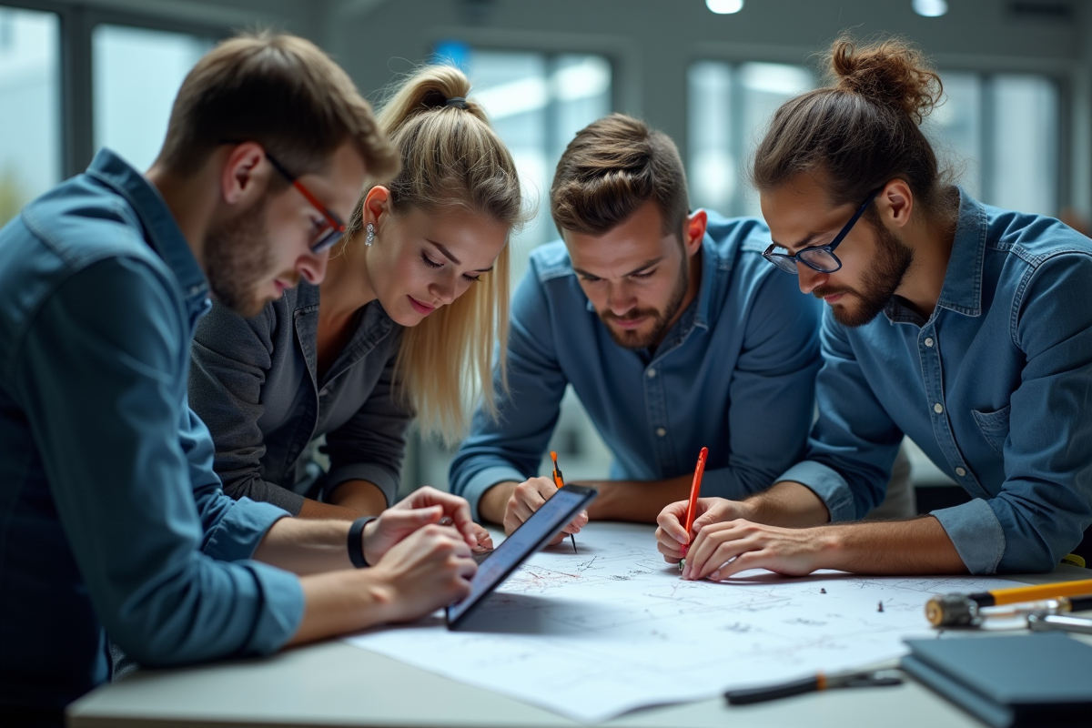 Groupe divers collaborant dans un atelier lumineux avec tablettes et plans