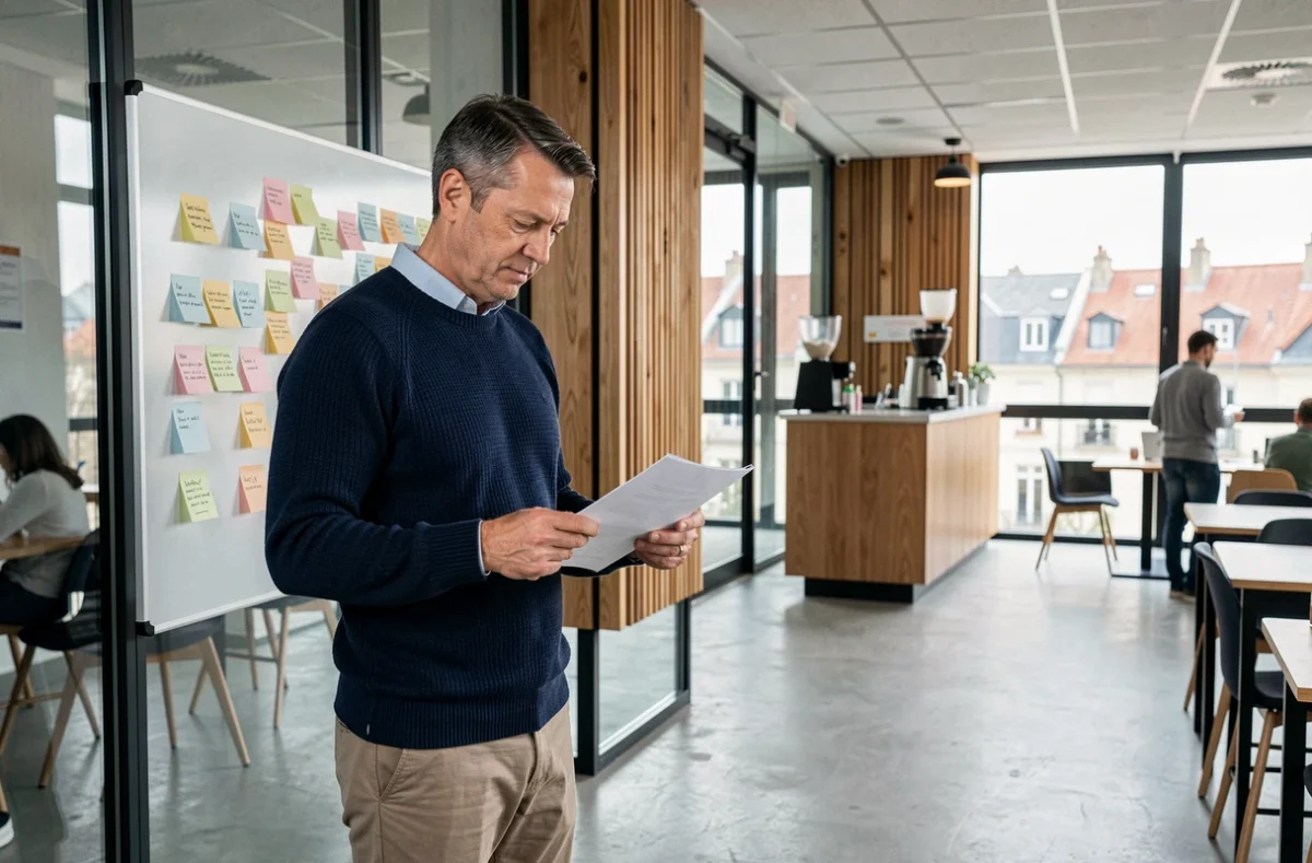 Homme d'affaires consultant des documents dans un espace de coworking contemporain avec vue sur les toits de Compiègne