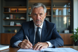 Homme d'affaires français en costume dans un bureau moderne