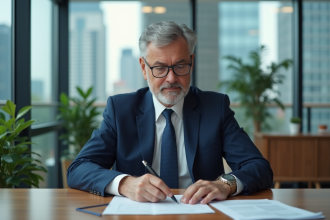 Homme d'affaires en costume bleu dans un bureau moderne