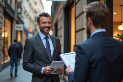 Homme d'affaires dans la ville avec flyers