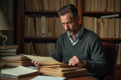 Homme d'âge moyen dans une salle d'archives vintage