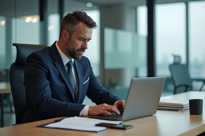 Assureur d'âge moyen travaillant au bureau avec ordinateur