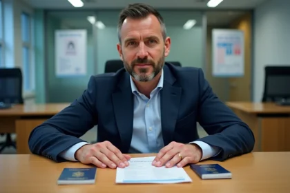 Homme d'âge moyen avec documents officiels sur la table
