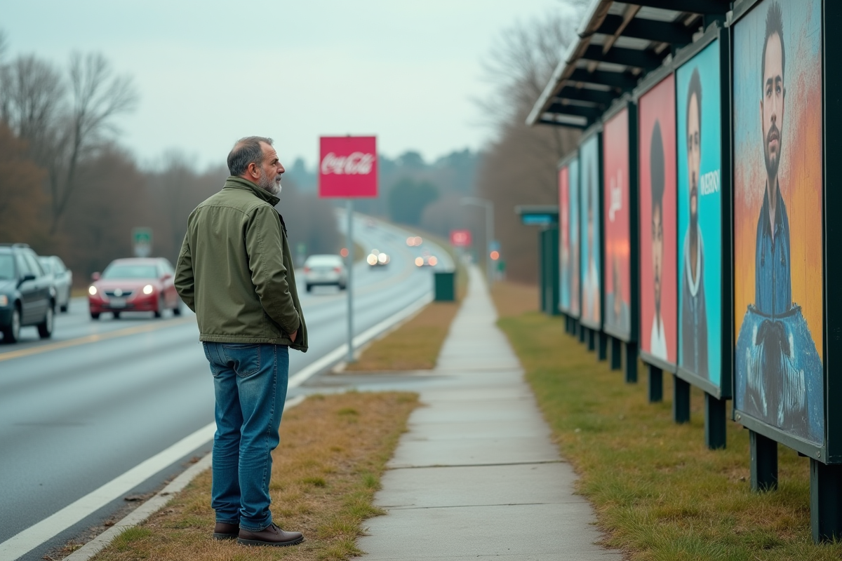 Homme regardant des panneaux publicitaires en banlieue
