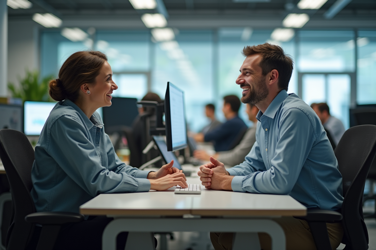 Homme en réunion avec un collègue dans un bureau moderne