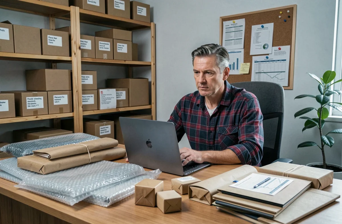 Homme travaillant depuis son bureau à domicile avec des matériaux d'emballage et un ordinateur portable, représentant un emploi d'emballage sérieux et organisé