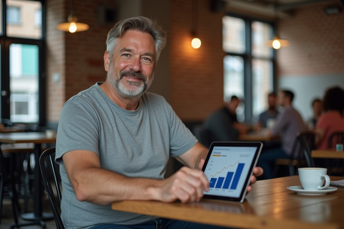 Homme décontracté utilisant une tablette dans un café industriel