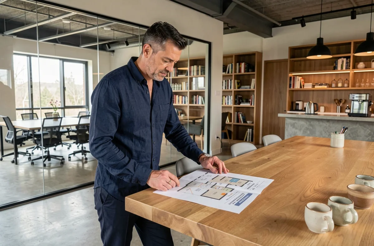 Homme consultant les tarifs et le plan de réservation d'un espace coworking de type Le Patio, debout à une table haute dans un bureau partagé moderne