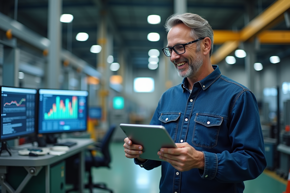 Homme dage en usine utilisant tablette pour automatisation