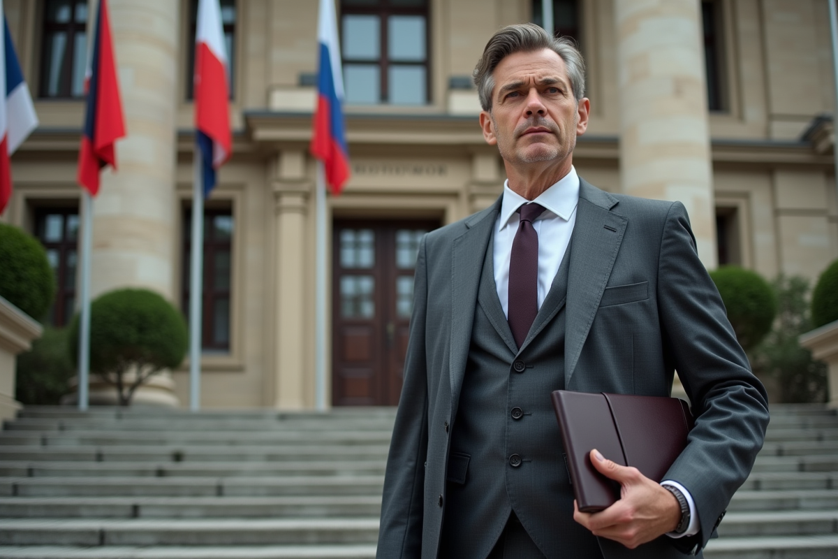 Homme en costume devant un palais de justice étranger