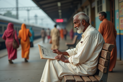 Homme indien âgé lisant un journal sur un quai de train
