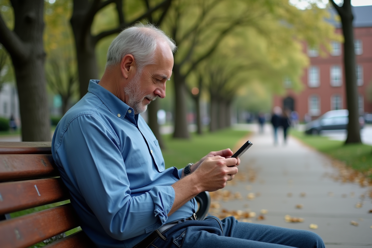 Homme lisant sur un banc dans un parc urbain