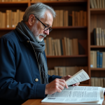 Homme d'âge moyen lisant le Journal Officiel dans une bibliothèque