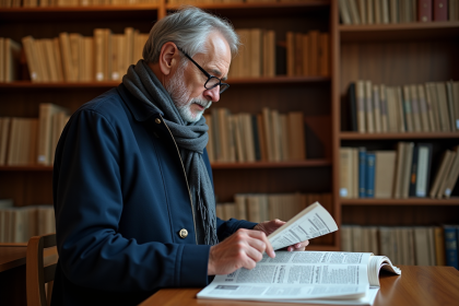 Homme d'âge moyen lisant le Journal Officiel dans une bibliothèque