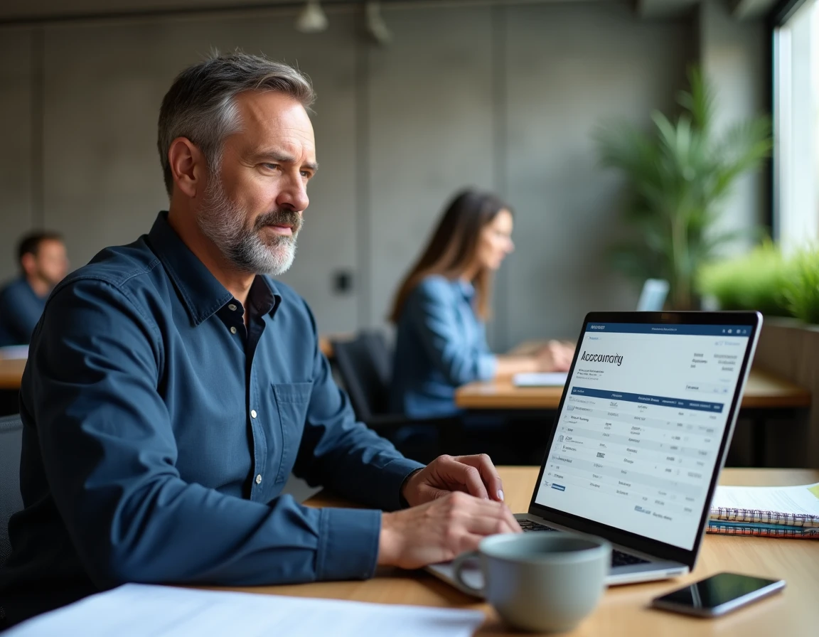 Homme utilisant un logiciel de facturation sur ordinateur portable dans un espace de coworking moderne