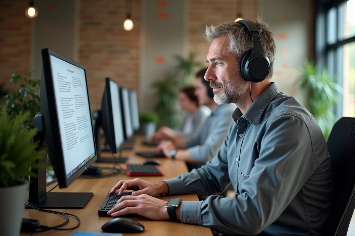 Homme malentendant en télétravail dans un espace de coworking accessible et adapté