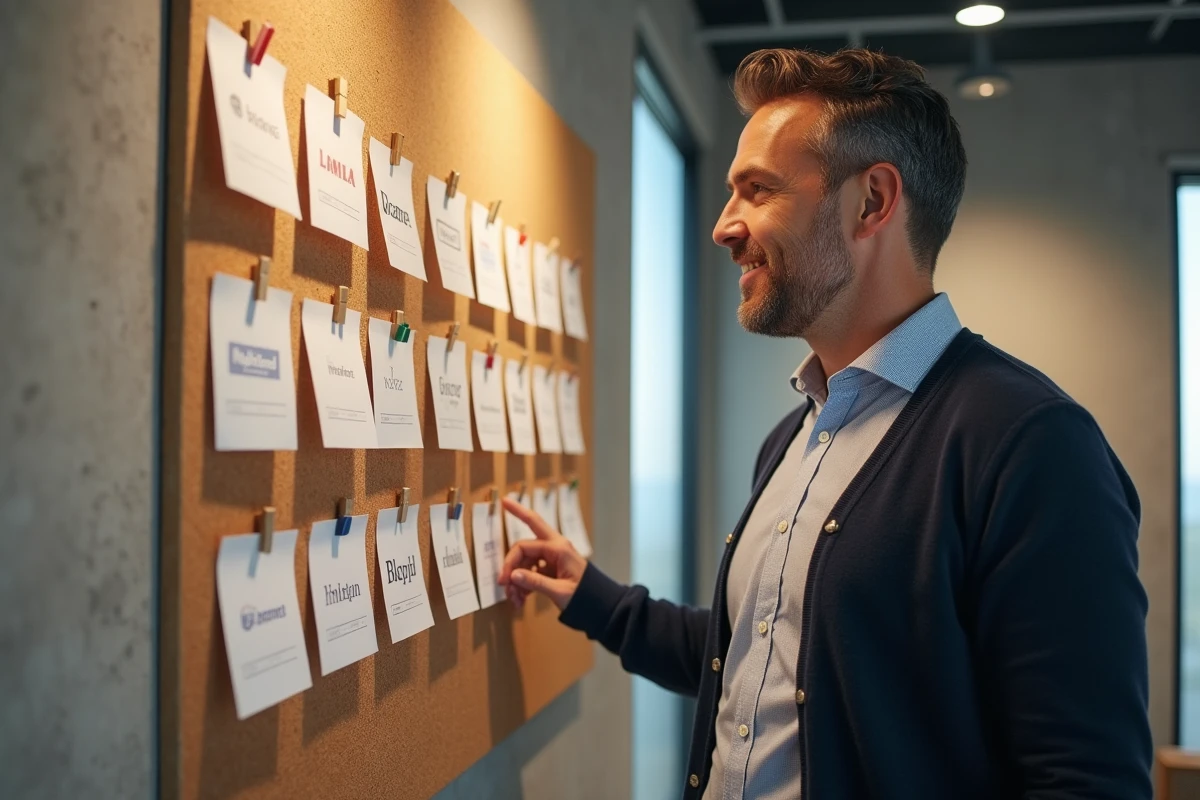 Homme vérifiant un tableau de marques organisé dans un bureau