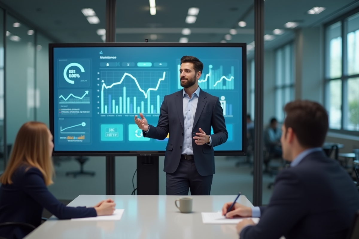 Homme en costume présentant des données en réunion