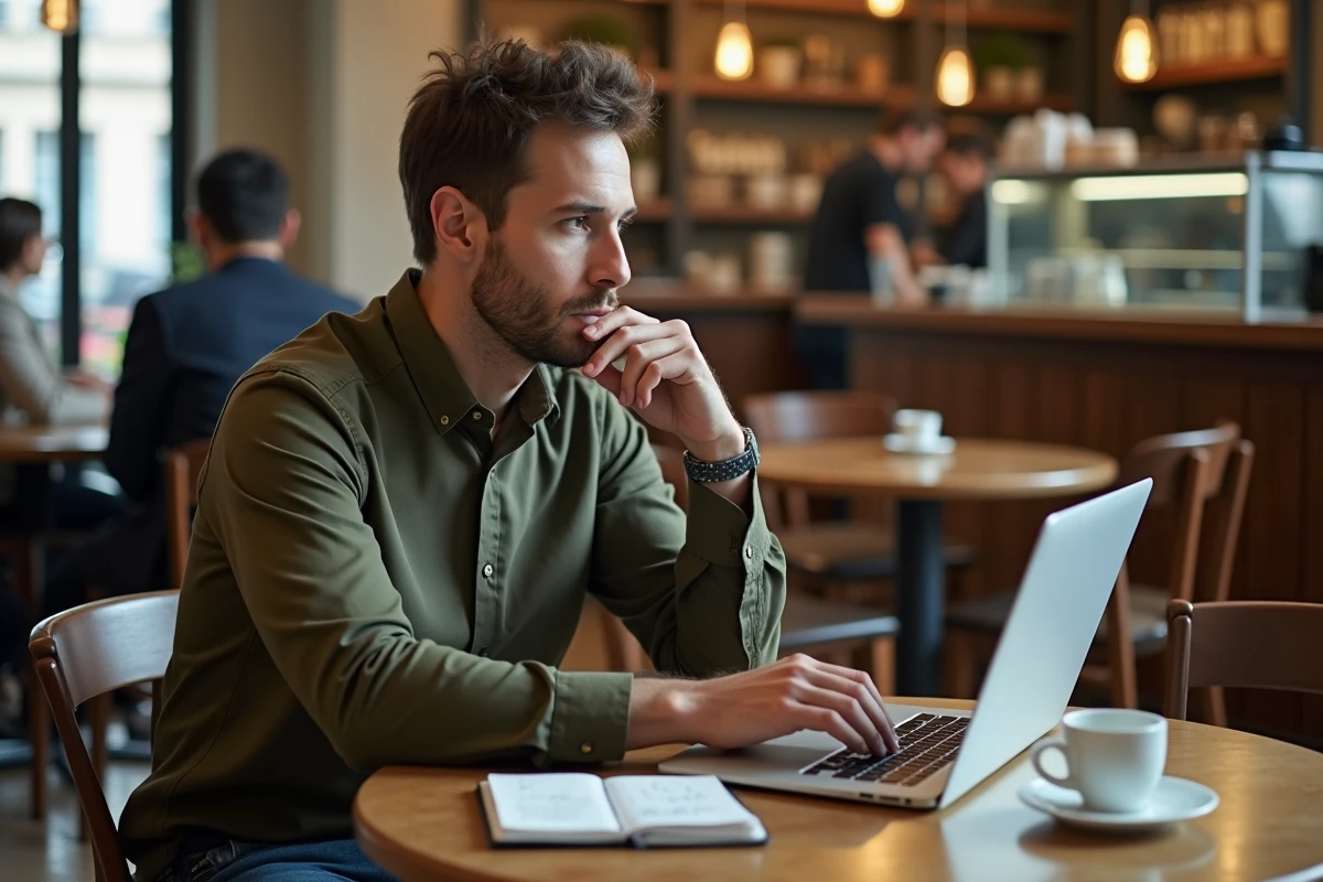 Homme réfléchissant à son projet professionnel en utilisant le répertoire ROME sur son ordinateur dans un café