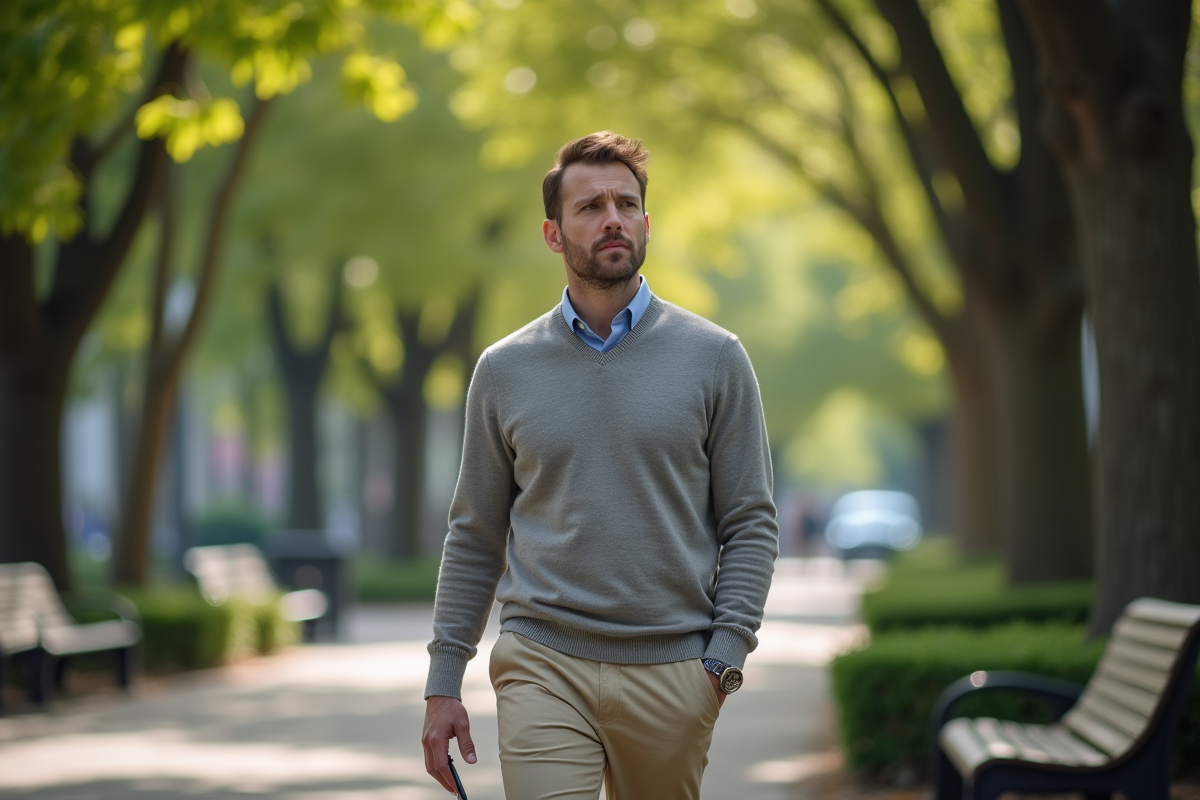 Homme pensif se promenant dans un parc urbain