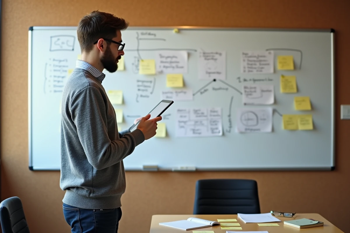 Homme avec tableau blanc et notes lors d