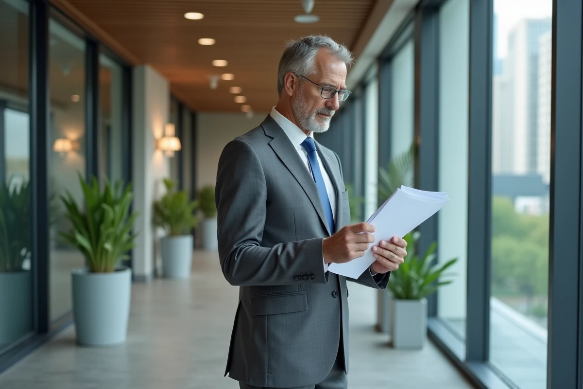 Homme en costume examinant des documents dans un bureau