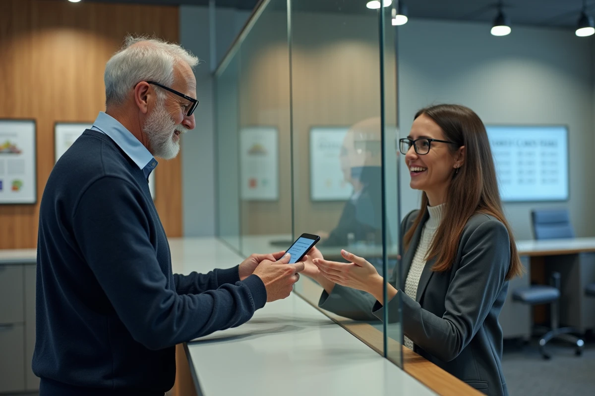 Homme discutant avec une agente au guichet public