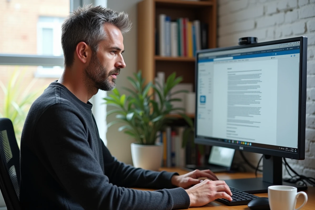 Homme en télétravail révisant la mise en forme en gras d'un post LinkedIn sur grand écran à domicile