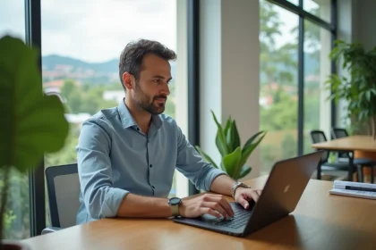 Homme français en coworking à Chiang Mai travaillant sur son ordinateur