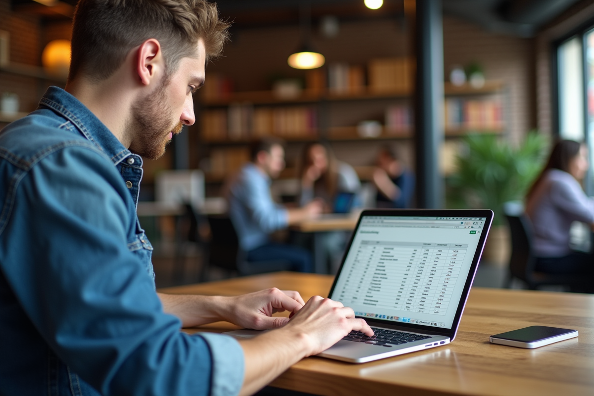 Jeune homme tapant sur ordinateur dans espace coworking