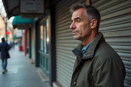 Homme d'âge moyen regardant une annonce sur une porte de magasin