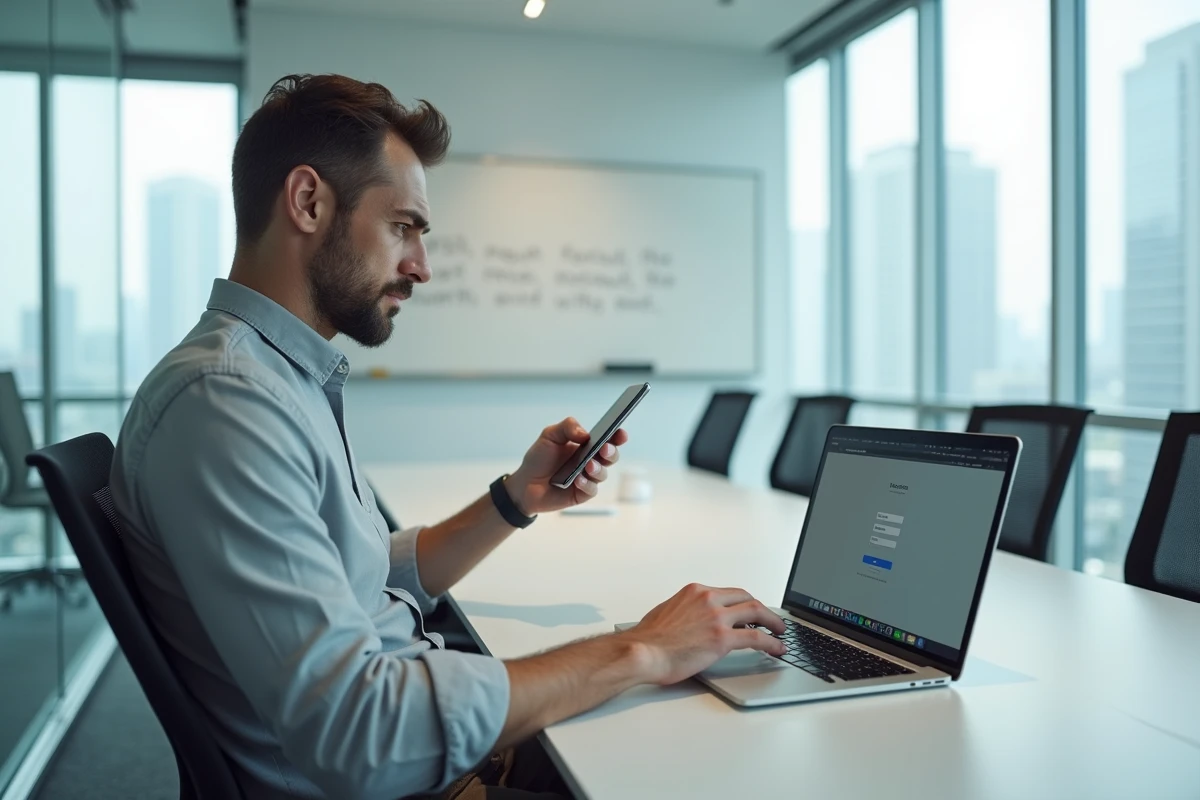 Employé tentant de récupérer ses identifiants perdus sur un portail entreprise Orange dans une salle de réunion moderne