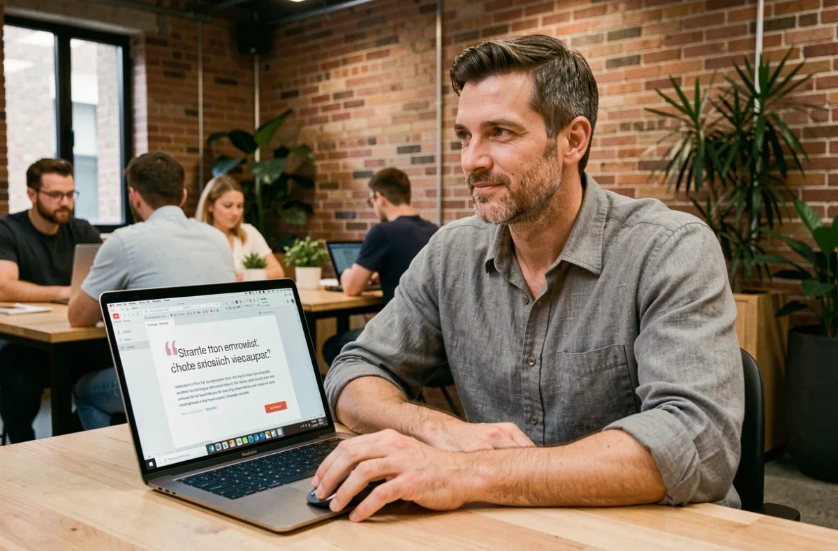 Professionnel indépendant utilisant un logiciel de devis gratuit dans un espace de coworking