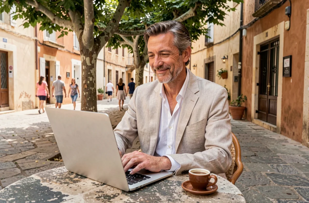 Travailleur indépendant en portage salarial travaillant en télétravail dans un café typique de Salon-de-Provence