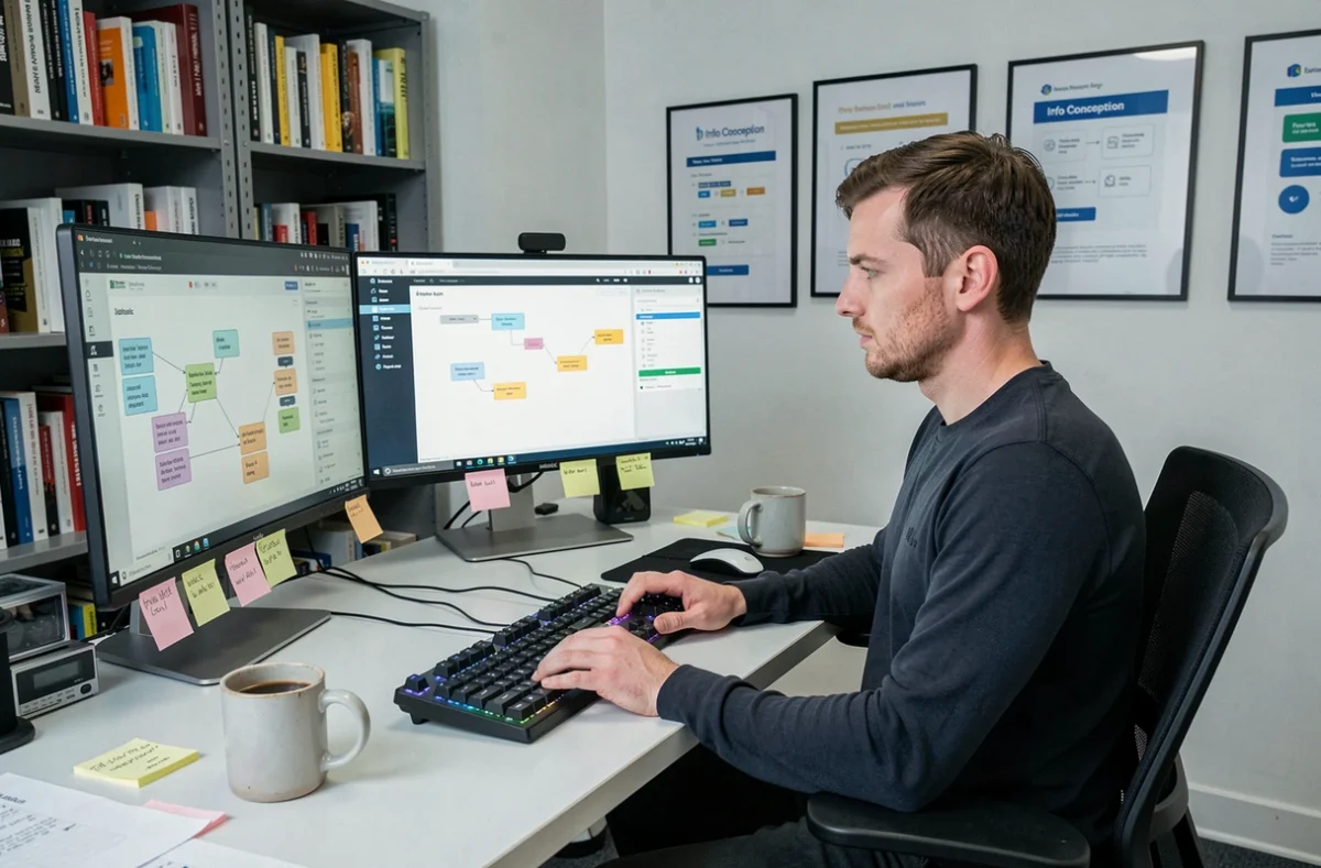 Développeur web d'Info Conception analysant l'architecture d'un site et réalisant un audit SEO sur ses écrans