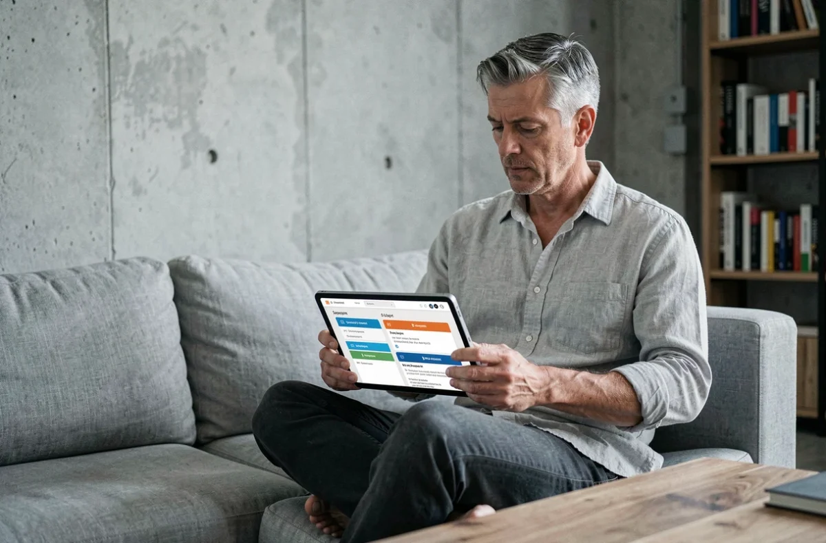 Infopreneur consultant une séquence email générée par IA sur une tablette dans un salon minimaliste