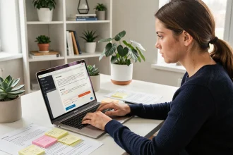 Infopreneure utilisant un outil IA pour créer une page de vente sur son ordinateur portable dans un bureau moderne