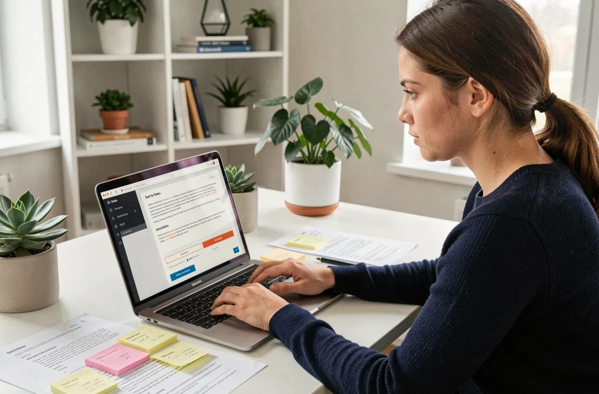Infopreneure utilisant un outil IA pour créer une page de vente sur son ordinateur portable dans un bureau moderne
