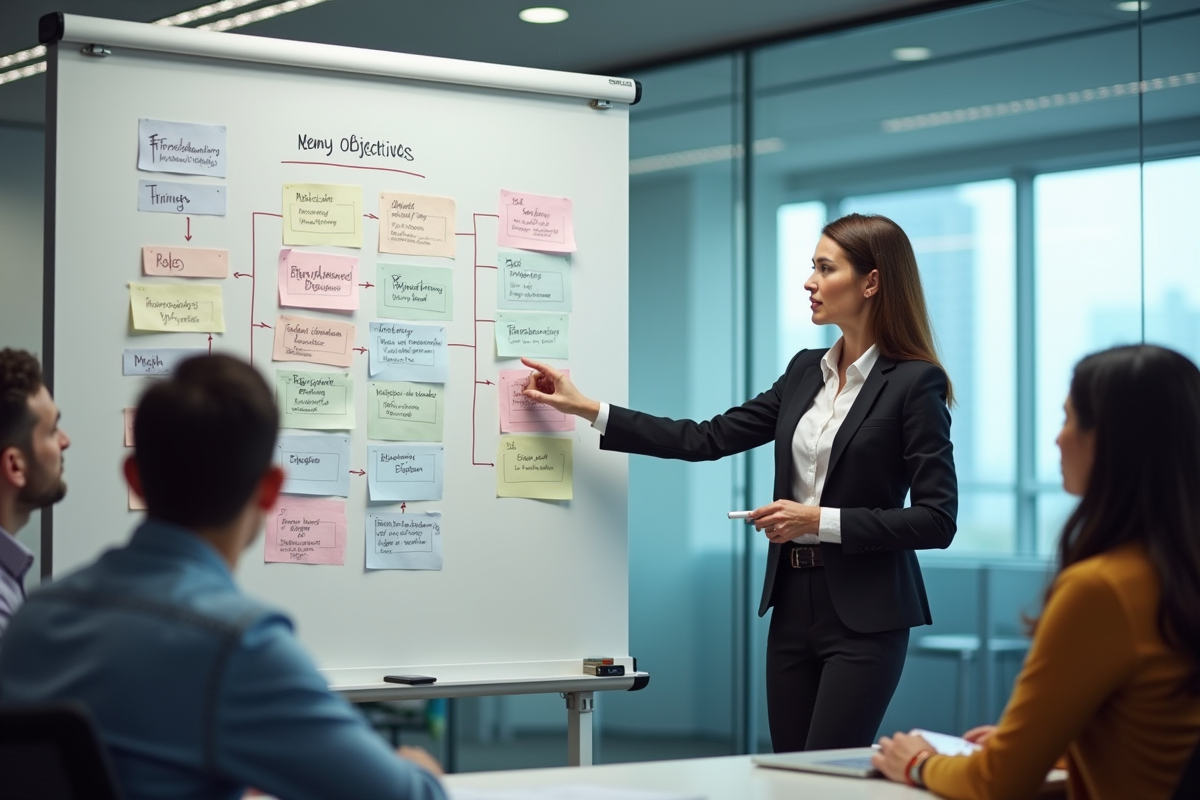 Instructrice en formation marketing devant un tableau blanc