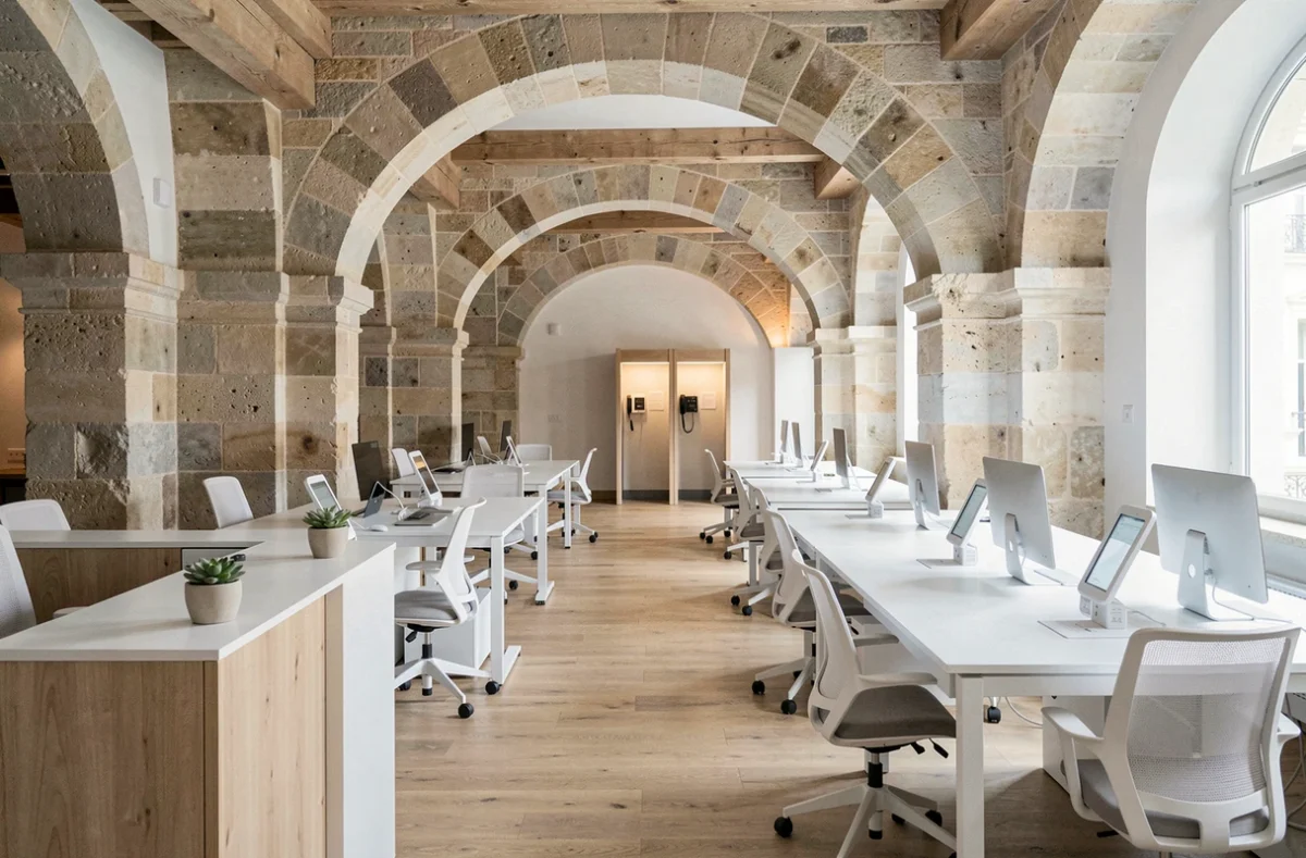 Intérieur vide d'un espace de coworking dans un bâtiment historique rénové à Compiègne avec des arches en pierre et un mobilier moderne