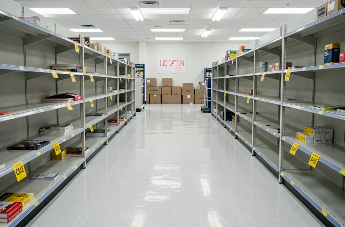 Intérieur d'un magasin GiFi en cours de liquidation avec rayonnages vides et étiquettes de déstockage